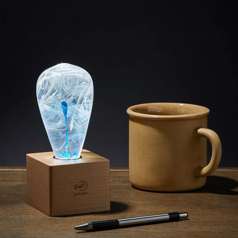 Stylish C.P.LIGHT Glass Accent Lamp with Wooden Cube Base Practical
