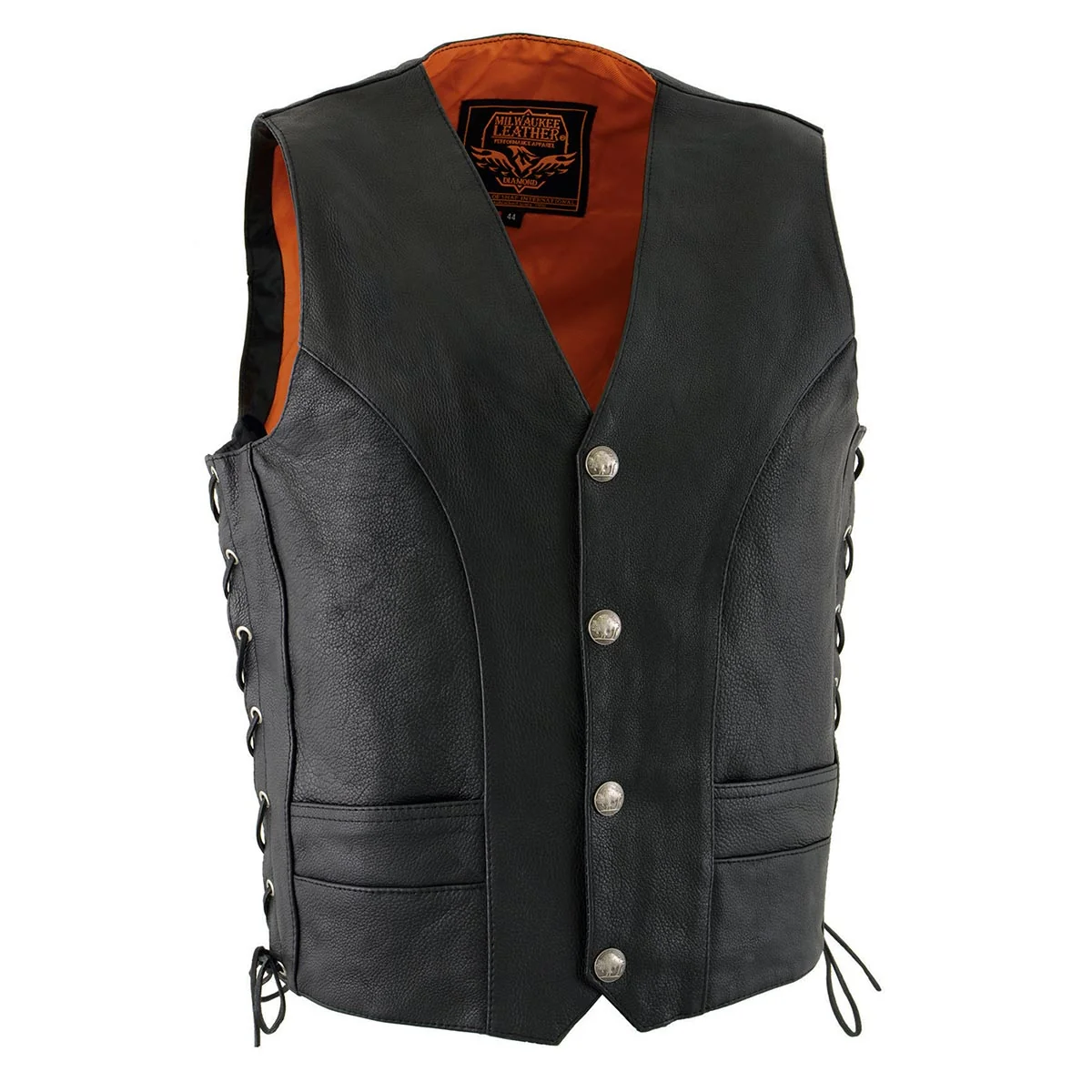 Durable Milwaukee Leather ML1369 Men's Black Premium Leather Side Lace Motorcycle Rider Vest w Buffalo Nickel Snaps Closure Fast