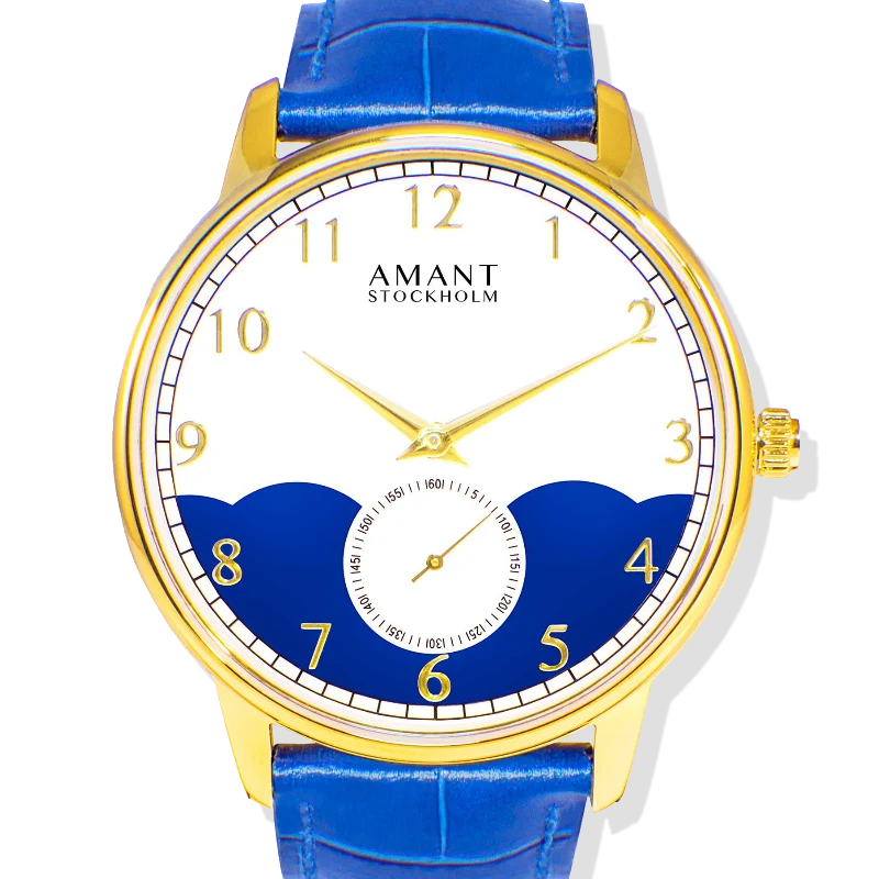 Natural Amant Stockholm Marine Gold Watch with Blue Leather Strap Subdial Design Elite