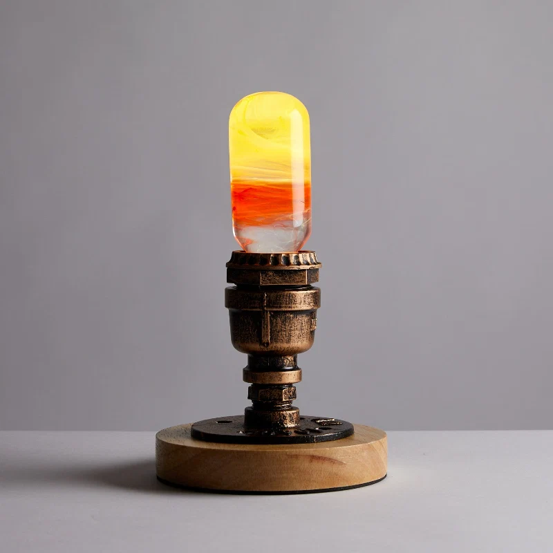 Exclusive Yellow Orange Swirl Glass Decorative Lamp Bulb with Wooden and Metal Base User-Friendly