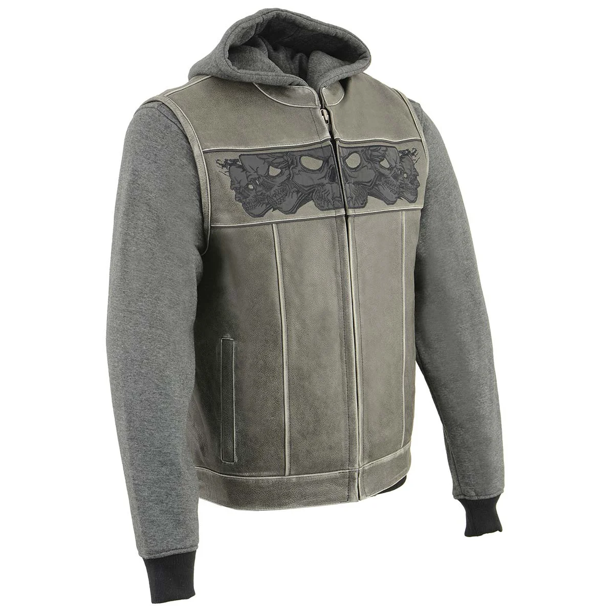Minimalist Milwaukee Leather MLM3562 Men's Hell Raiser 2 in 1 Distress Grey Leather Vest w Removeable Hoodie - Reflective Skull Artwork Advanced
