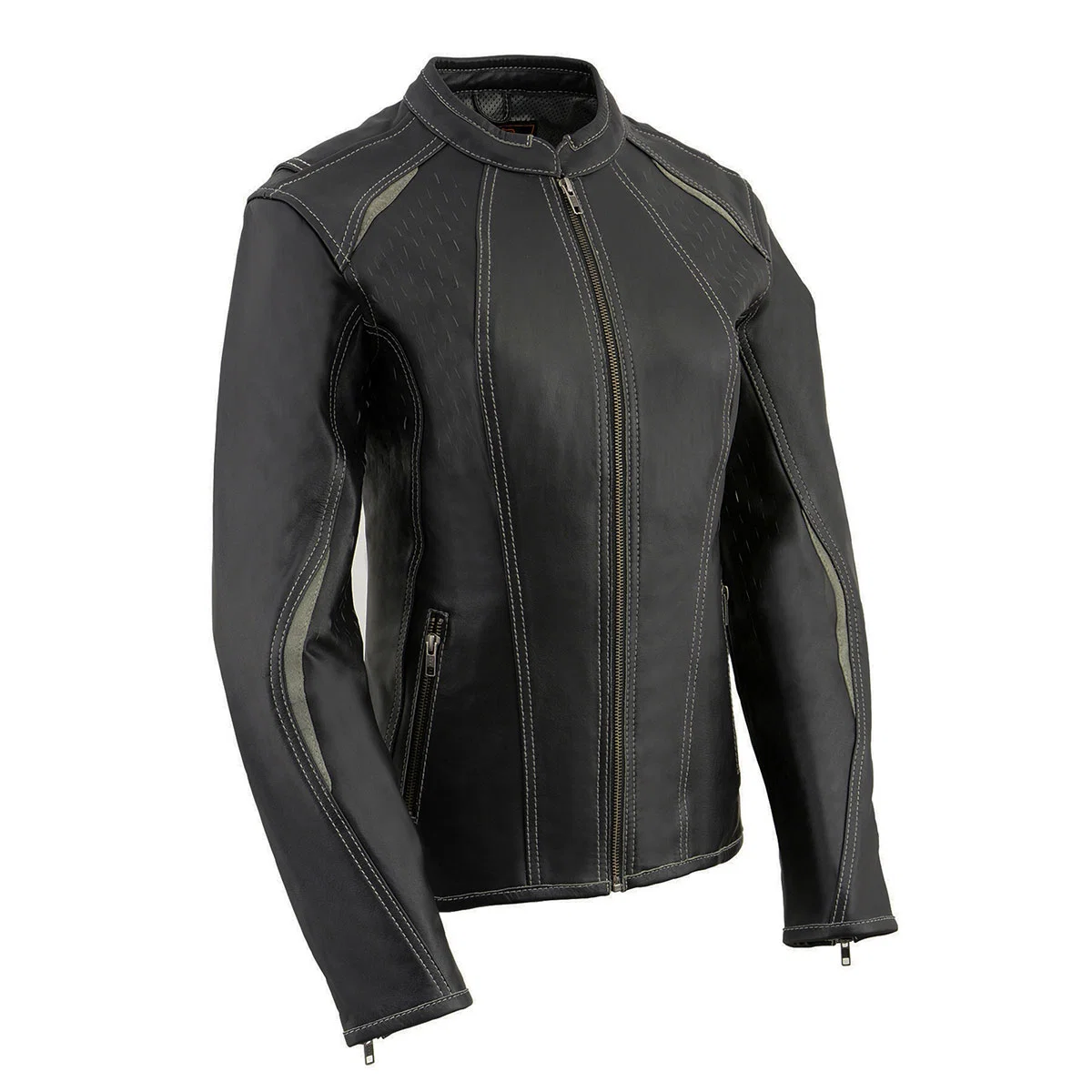 Minimalist Milwaukee Leather MLL2502 Women's 'Laser Cut' Distressed Black and Grey Scuba Style Racer Jacket Responsible