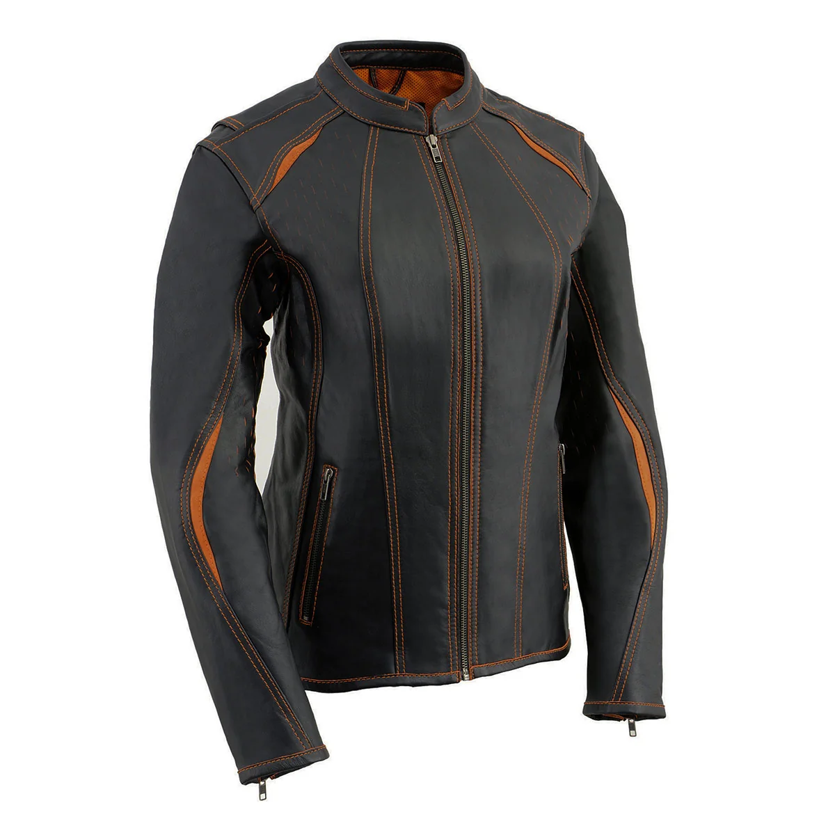 High-Quality Milwaukee Leather MLL2502 Women's 'Laser Cut' Distressed Black and Orange Scuba Style Racer Jacket Versatile