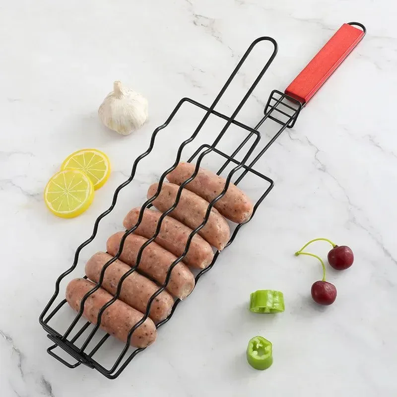 Practical Non-Stick Sausage Grill Mesh BBQ Clip with Wooden Handle for Camping Premium