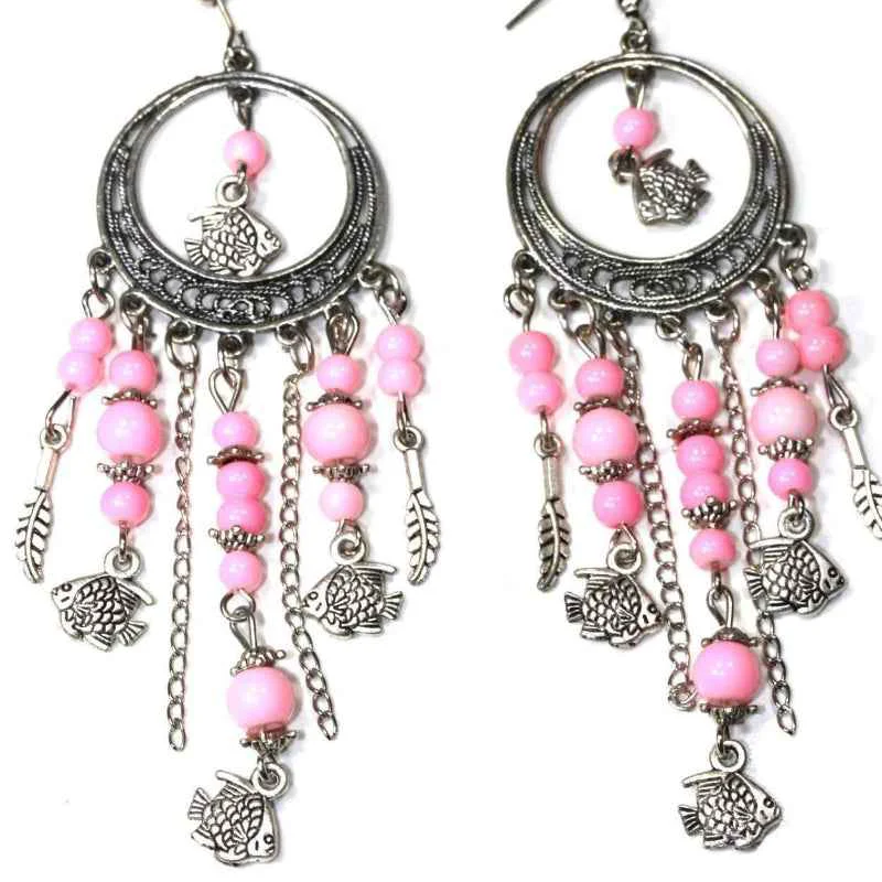 Easy-to-Use Silver Fish Charm Pink Beaded Dangle Earrings Prestigious