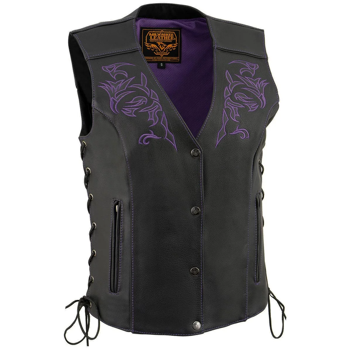 Refined Milwaukee Leather ML1296 Women's Black Purple Leather Side Laced Motorcycle Vest w Reflective Tribal User-Friendly