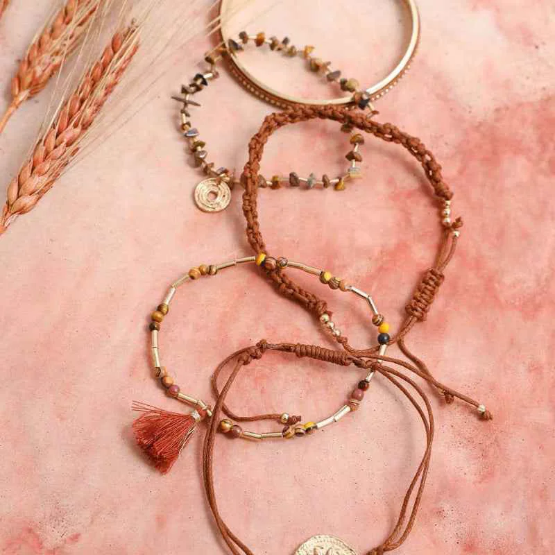 Enhanced Boho Charm Tassel Beaded Bracelet Set Gold Tone Adjustable Jewelry Fine