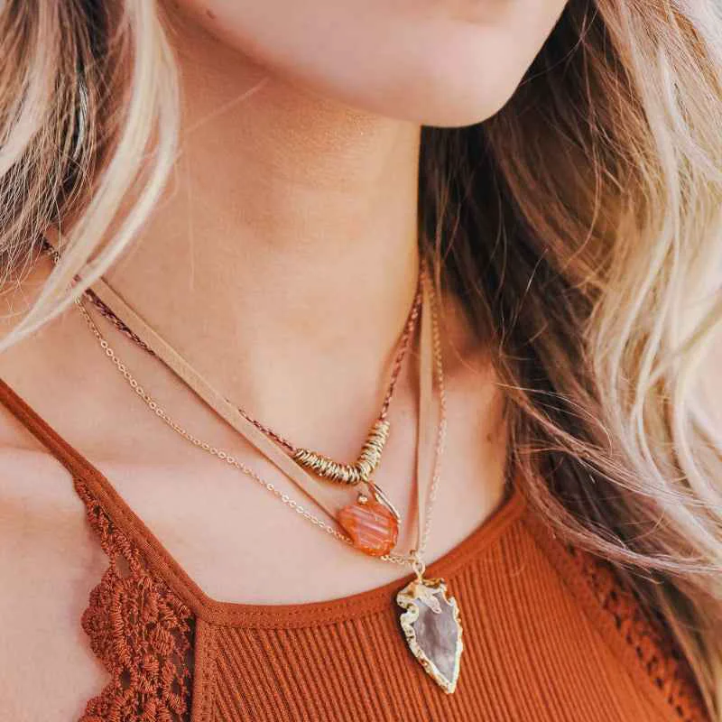 Classic Gem Layered Necklace – Gold Pendant with Agate Stone Specialty
