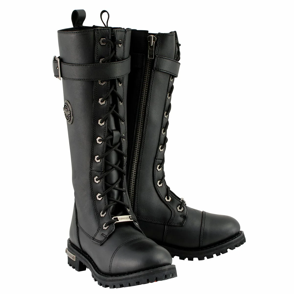 Elegant Milwaukee Leather Women's Black 14-inch Lace-Up High-Rise Leather Biker Rider Boots with Calf Buckle MBL9355 Organic