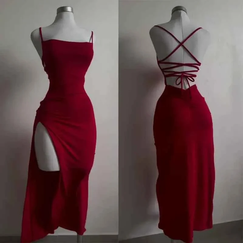 Expertly Made Red Black Slit Back Lace-Up Dresses Secure