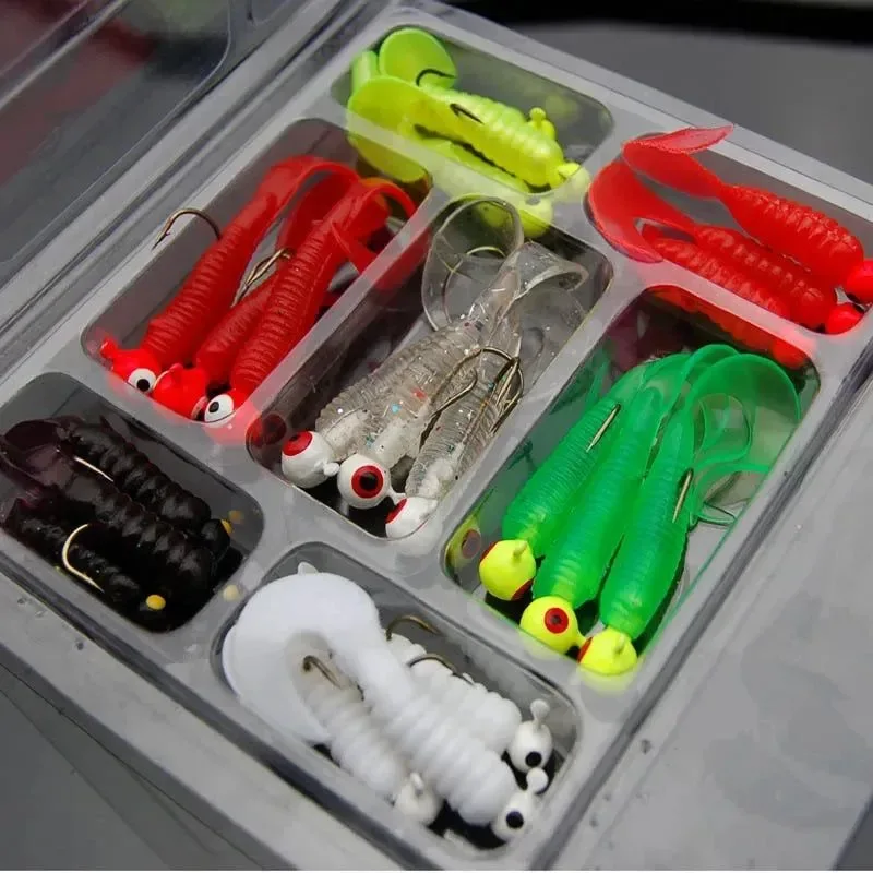 Authentic 21-Piece Soft Fishing Lure Kit – Jig Head Hooks with Grub Worms Shrimp Baits for Freshwater Saltwater 2g-3.5g Weights Dependable