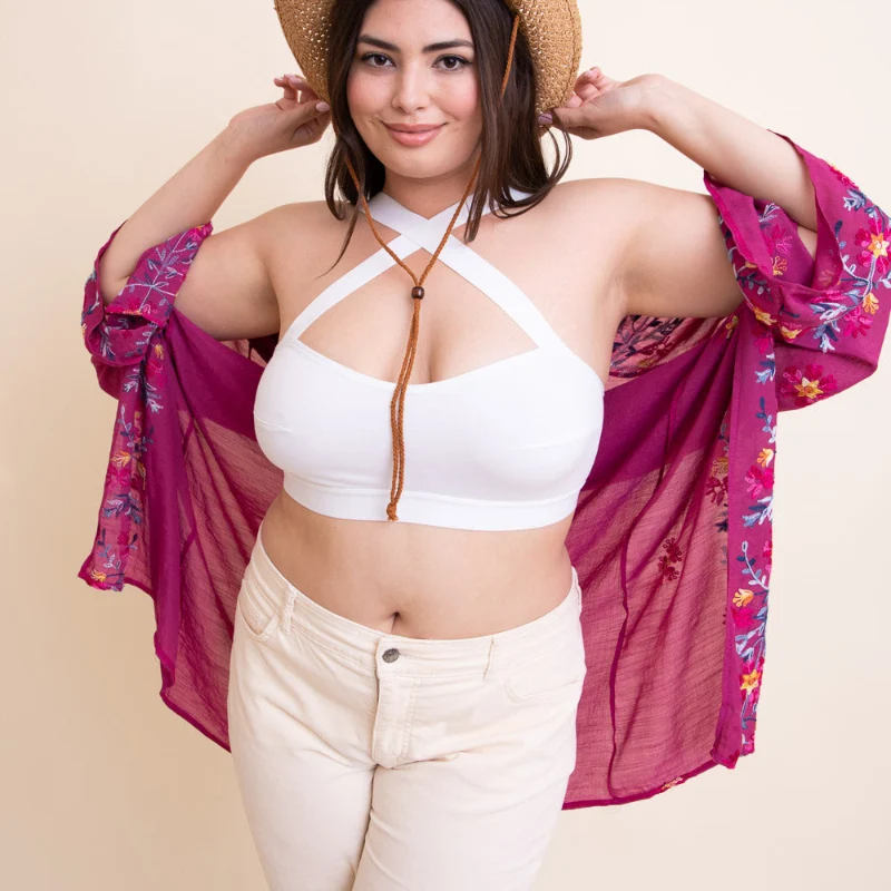 Natural White Halter Crop Top with Floral Sheer Kimono Cover-Up Crafted