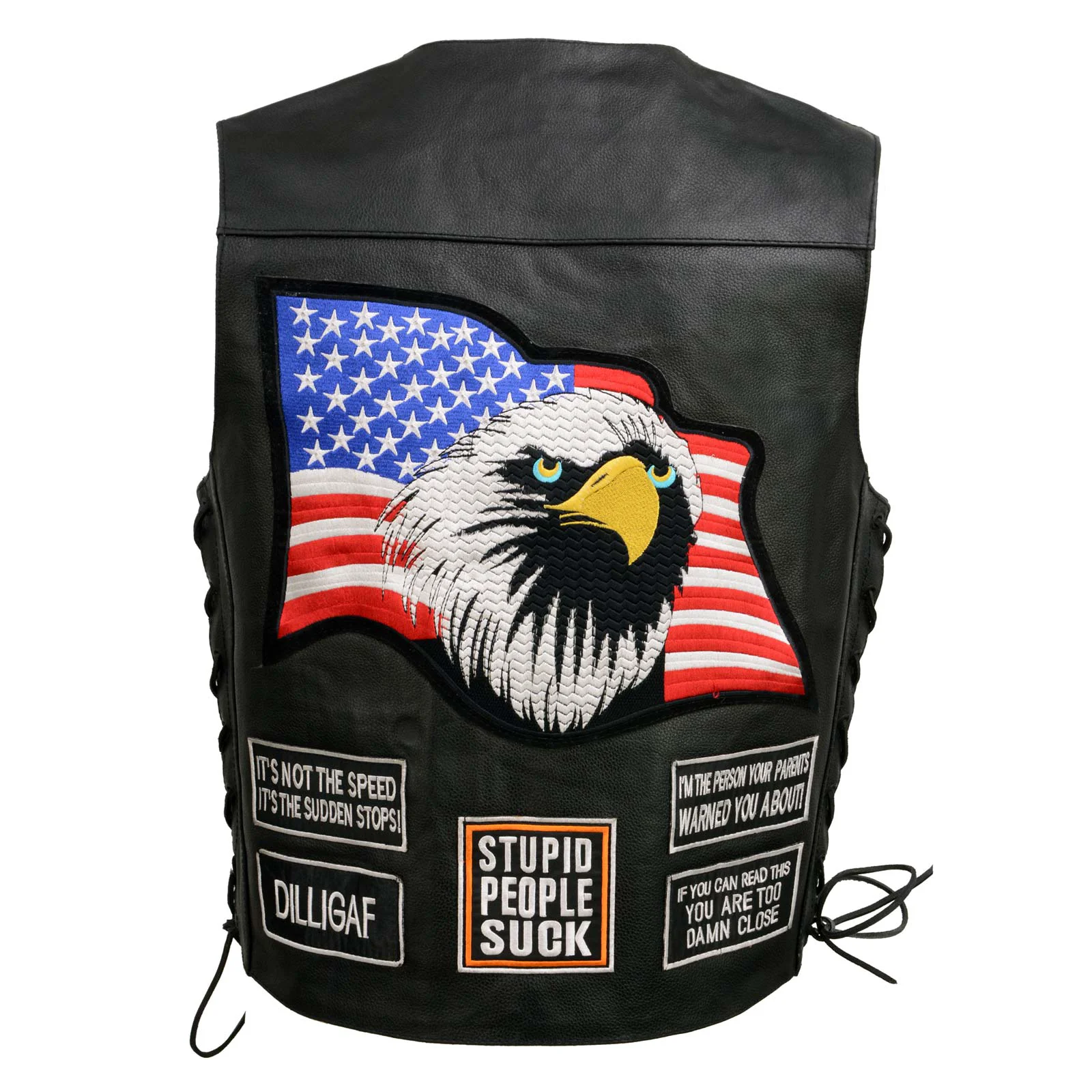 Fashionable Event Leather Men's Black Motorcycle Leather Vest w Patches - ELM3925 Quality