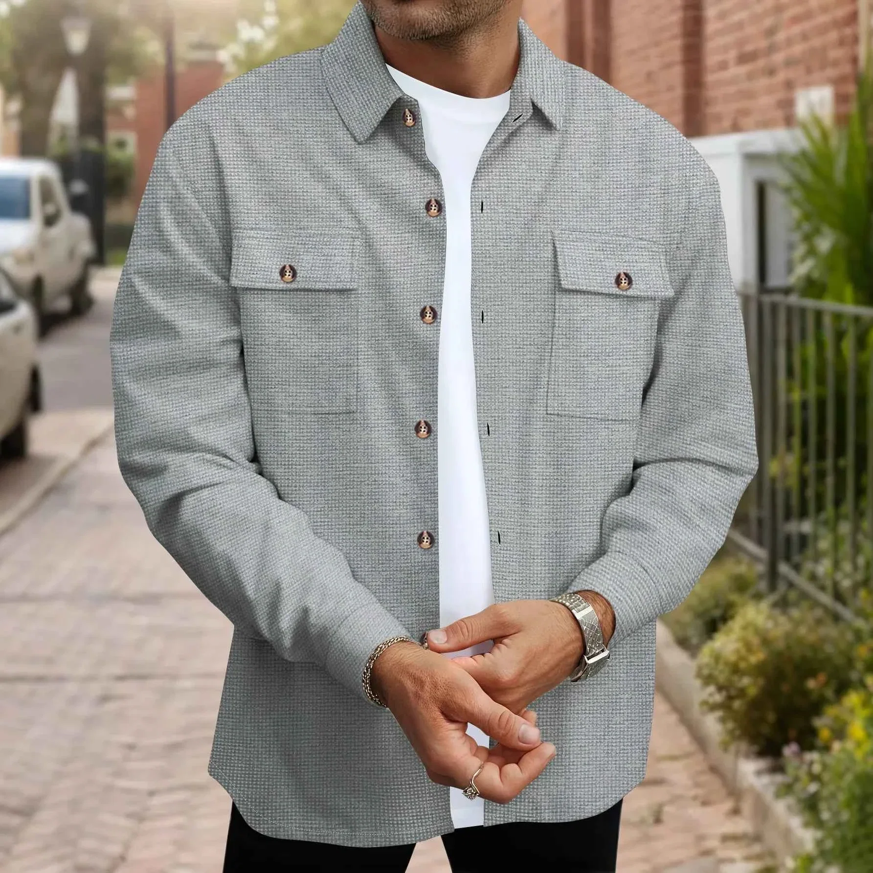 Casual Button Front Shirt Jacket with Chest Pockets Responsible