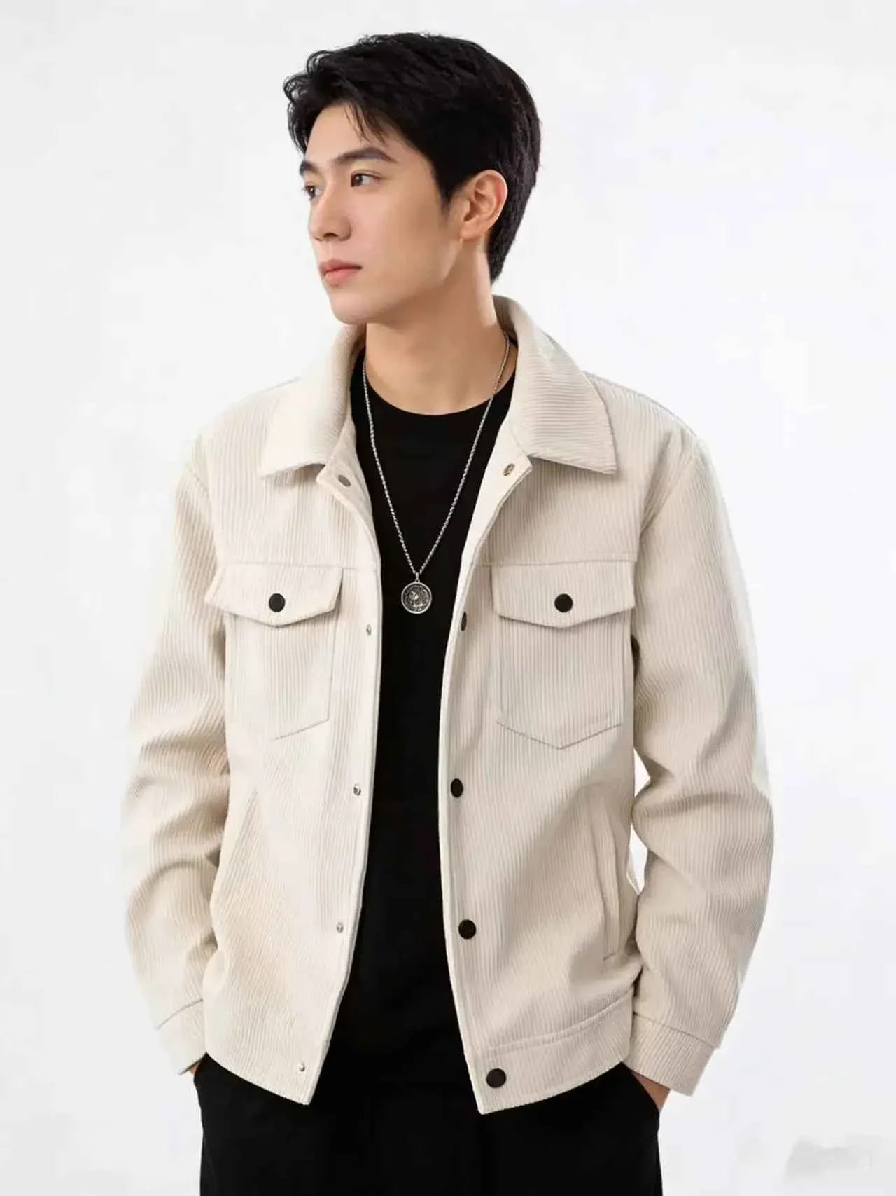 Fine Men s Textured Button-Up Jacket – Collared Casual Outerwear with Chest Pockets Breathable