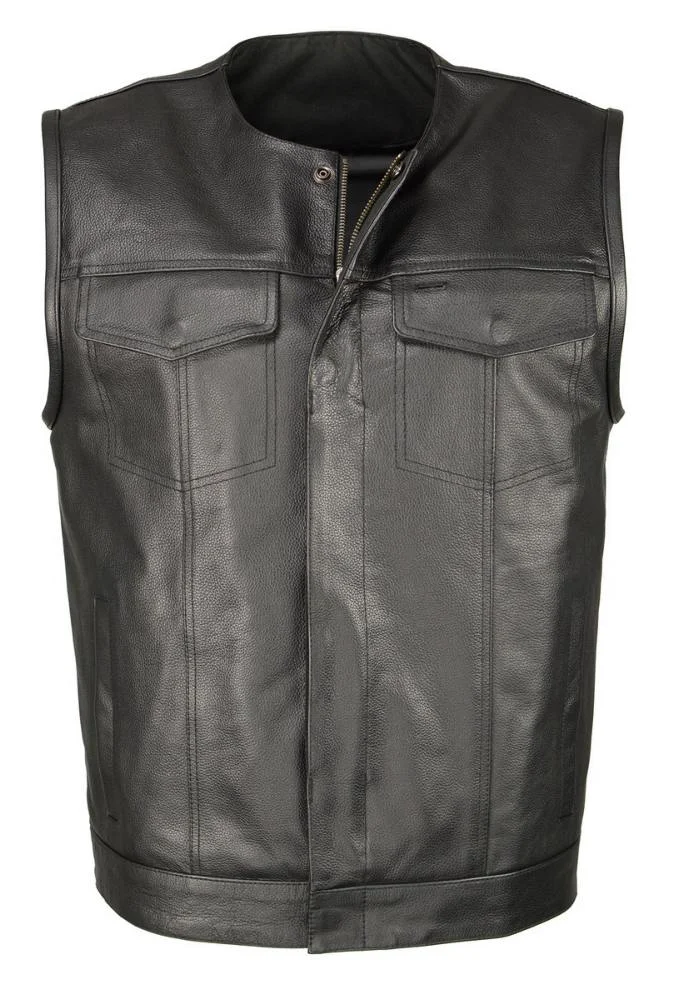 Flexible M Boss Motorcycle Apparel BOS13504 Men's Black Leather Collarless Club Style Vest with Quick Draw Pocket Breathable
