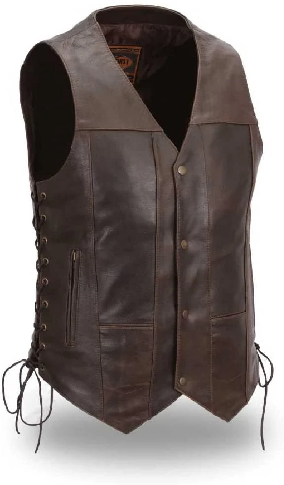 Secure First Manufacturing FIM630CRT Men's 10-Pocket Brown Leather Vest High-Quality