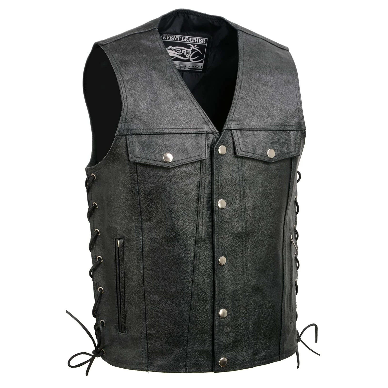 Pure Event Leather EL5360 Men's Black Leather Vest with Denim Style Pockets and Side Lace Casual