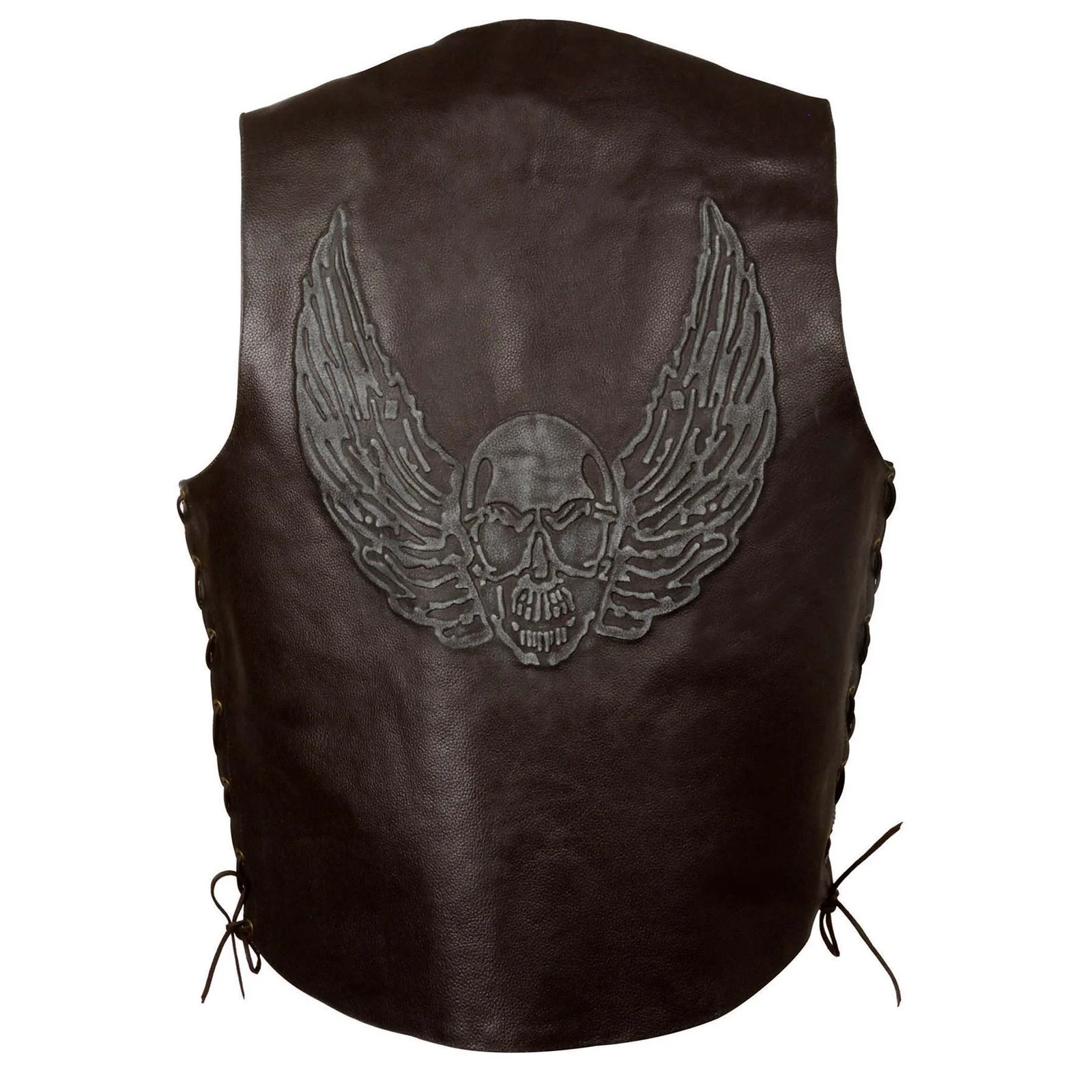 Specialty Event Leather ELM3905 'Mayhem' Men's Brown Leather Side Lace Vest with Winged Skull Emboss Natural