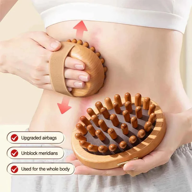 Effective Wooden Body Massage Brush with 28 and 33 Rounded Comb Teeth Finger Grip Handle Hand Strap Efficient