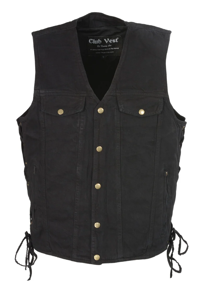 Stylish Club Vest CVM1360 Men's Classic Side Lace Black Denim Motorcycle Vest with Snap Buttons Refined