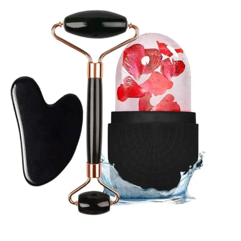 Original Design 3Pcs Ice Facial Roller Gua Sha Massage Set – Cooling Face Lifting and Skin Care Beauty Tools Fast