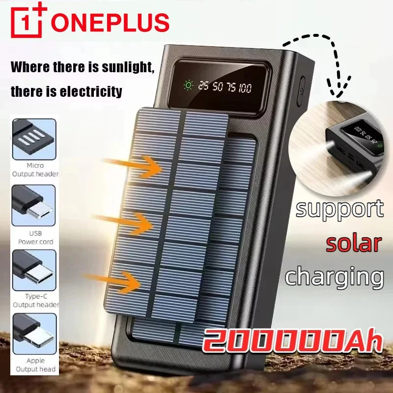 Classic 200000mAh Solar Power Bank – 120W Fast Charging Wireless Built-In Cables LED Light for Camping Travel Fine Crafted