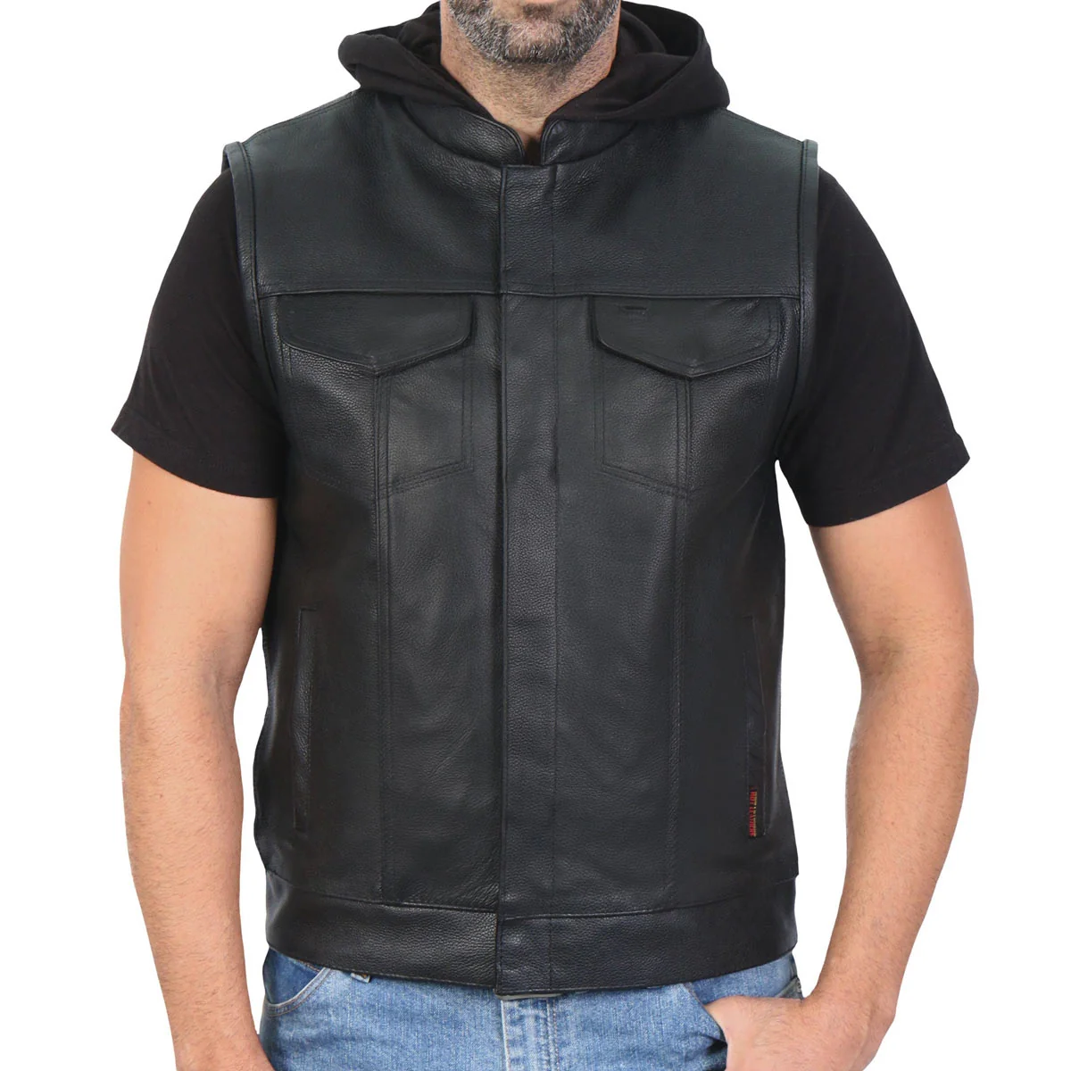 Smart Hot Leathers M1201 Men's Black Motorcycle Biker Club Style Vest with Hoodie Pure