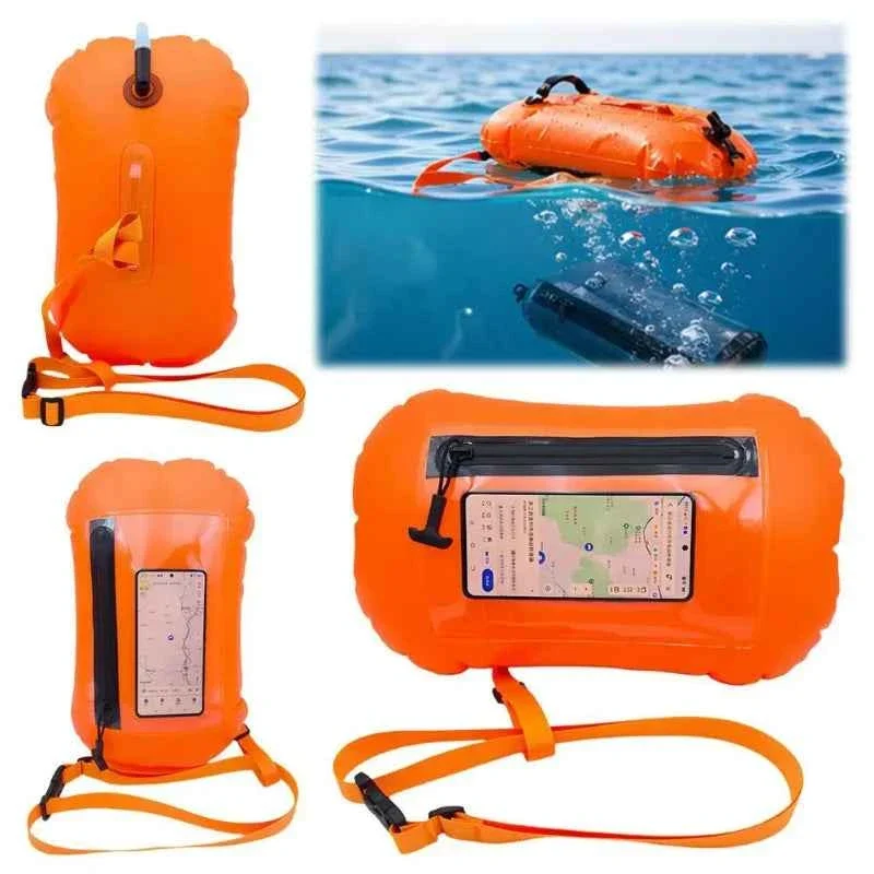 Exceptional Orange Waterproof Swim Buoy Dry Bag with Touchscreen Phone Pouch and Adjustable Strap First-Class