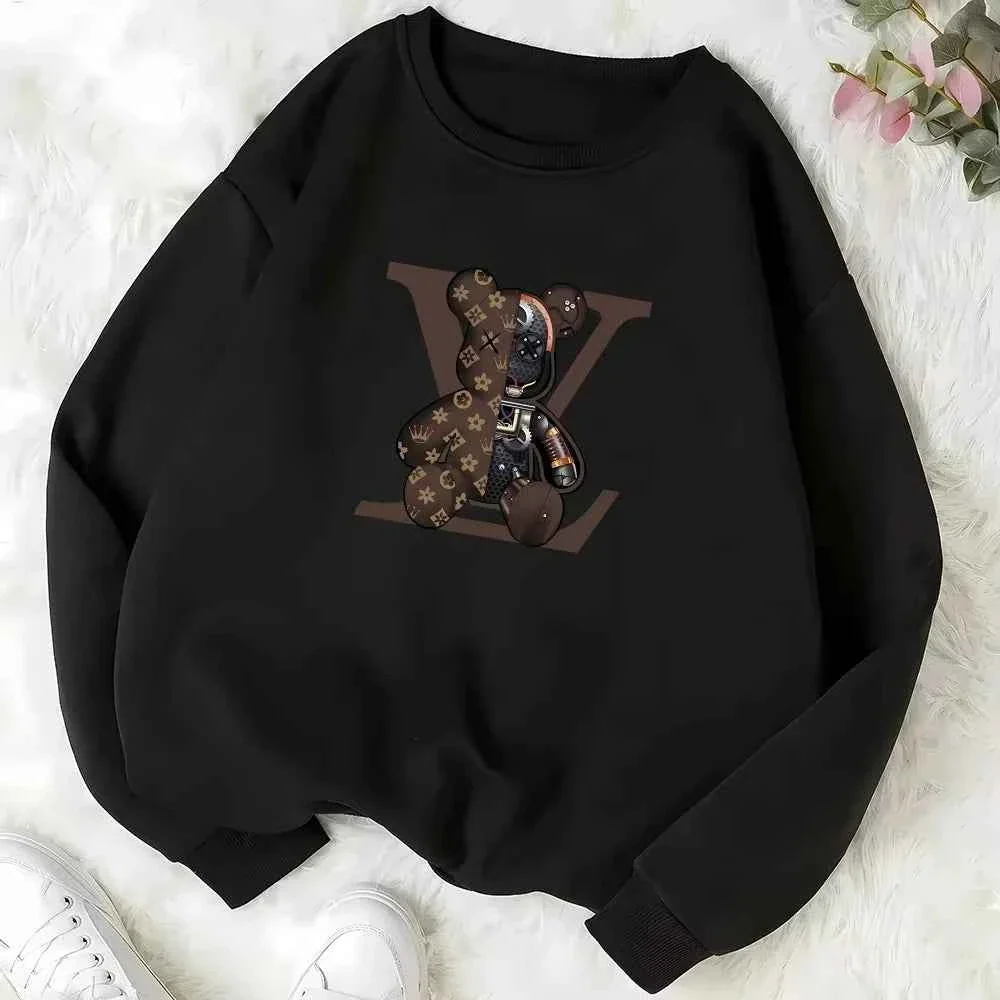 Soft LV Teddy Bear Graphic Crew Neck Pullover Sweatshirt – Black White Clean