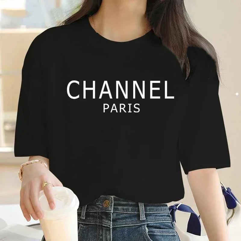 Organic CHANNEL PARIS Women s Letter Print Short Sleeve T-Shirt Smooth