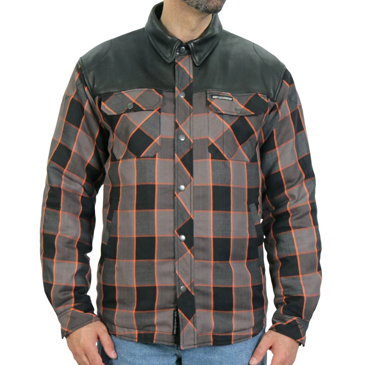 Selected Hot Leathers JKM3202 Men s CE Armored Flannel Motorcycle Shirt Jacket - Aramid Reinforced w Leather Shoulder Panels Efficient