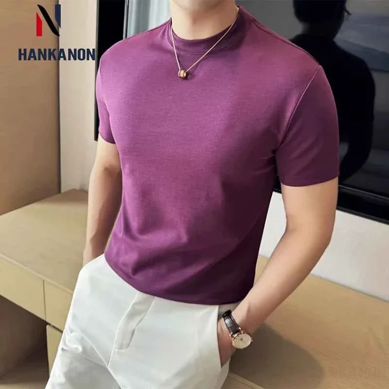 Environmentally Friendly HANKANON Men s Slim-Fit Short-Sleeve High-Neck 85 Cotton Stretch T-Shirt Eco-Friendly