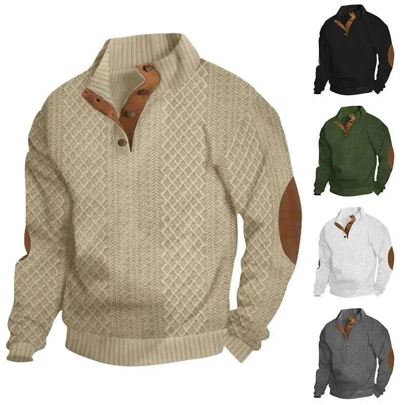 Efficient 2026 Men s Casual Jacquard Knit Pullover Sweater with Standing Collar and Elbow Patches Healthy