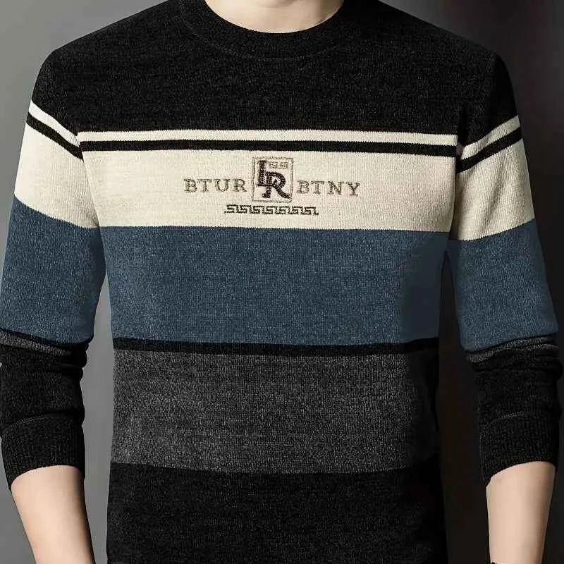 Luxury BTUR R BTNY Men s Striped Knitted Pullover Sweater with Embroidered Chest Detail Crew Neck Powerful