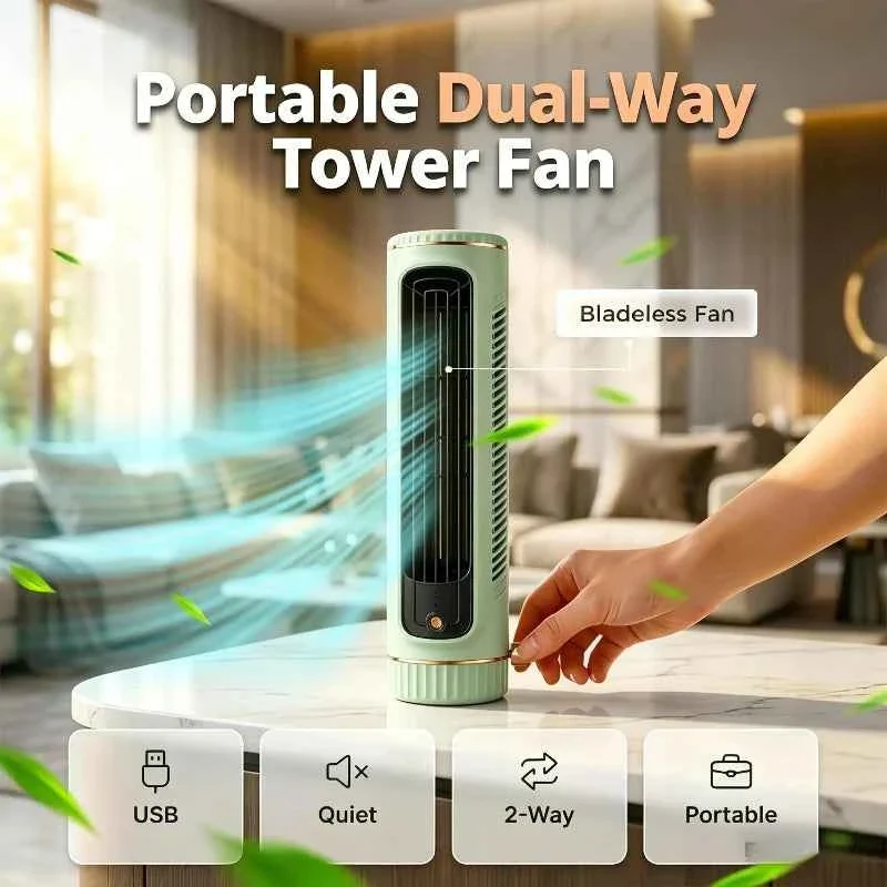 Innovative Portable Dual-Way Bladeless Tower Fan with USB Ultra-Quiet Sleep Mode Unique