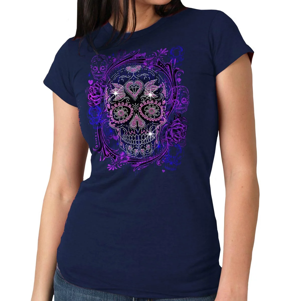 Contemporary Hot Leathers GLR1563 Ladies Black Sugar Skull Bling T-Shirt Original