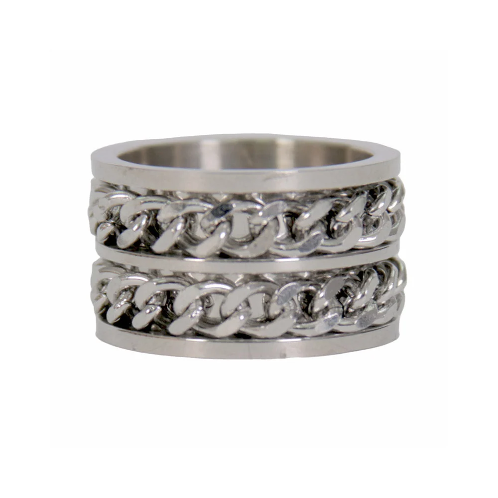Pure Hot Leathers JWR2143 Men's Silver 'Double Chain' Stainless Steel Ring Safe