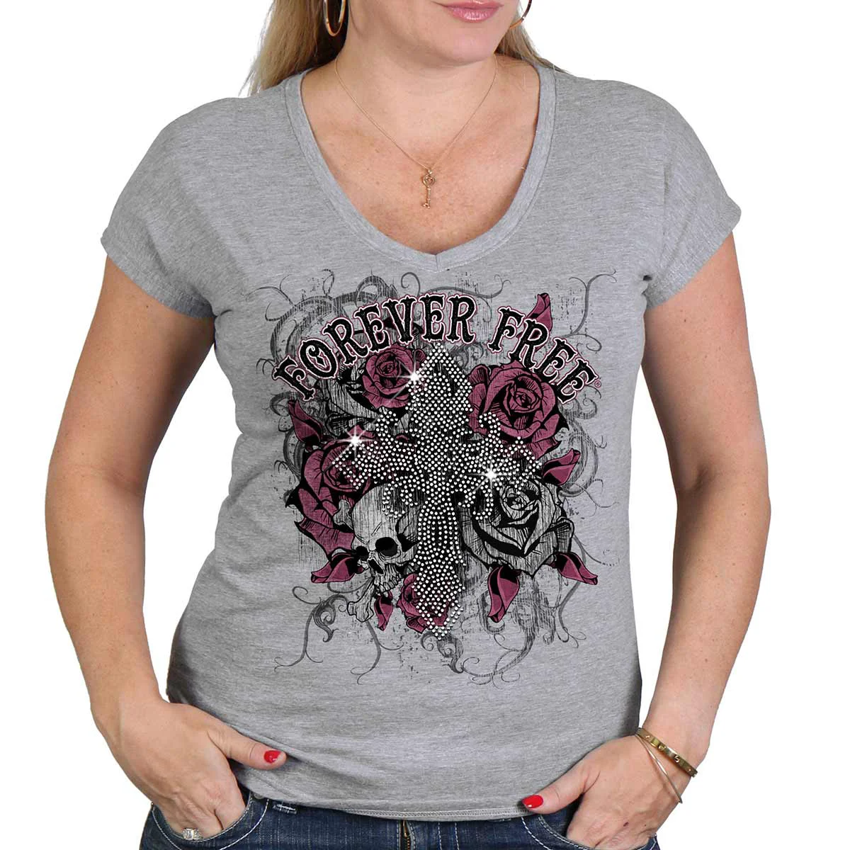 Soft Hot Leathers GLC1557 Ladies Heather Gray Cross Bling T-Shirt Top-Quality