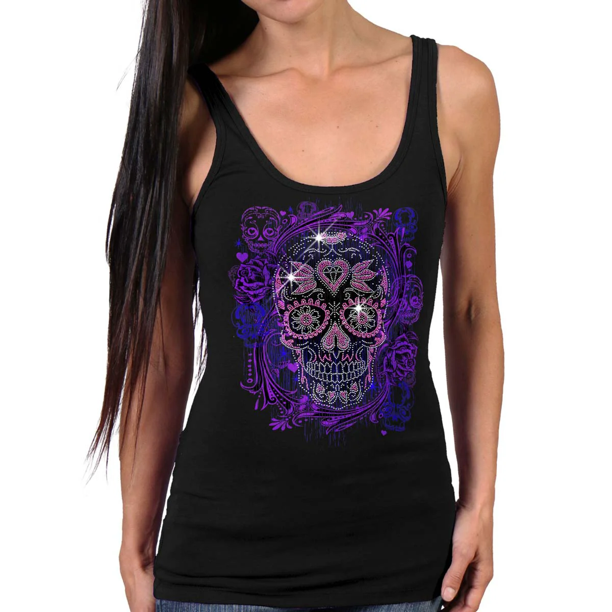 High-End Hot Leathers GLR2562 Ladies Black Sugar Skull Bling Tank Top Shirt Minimalist