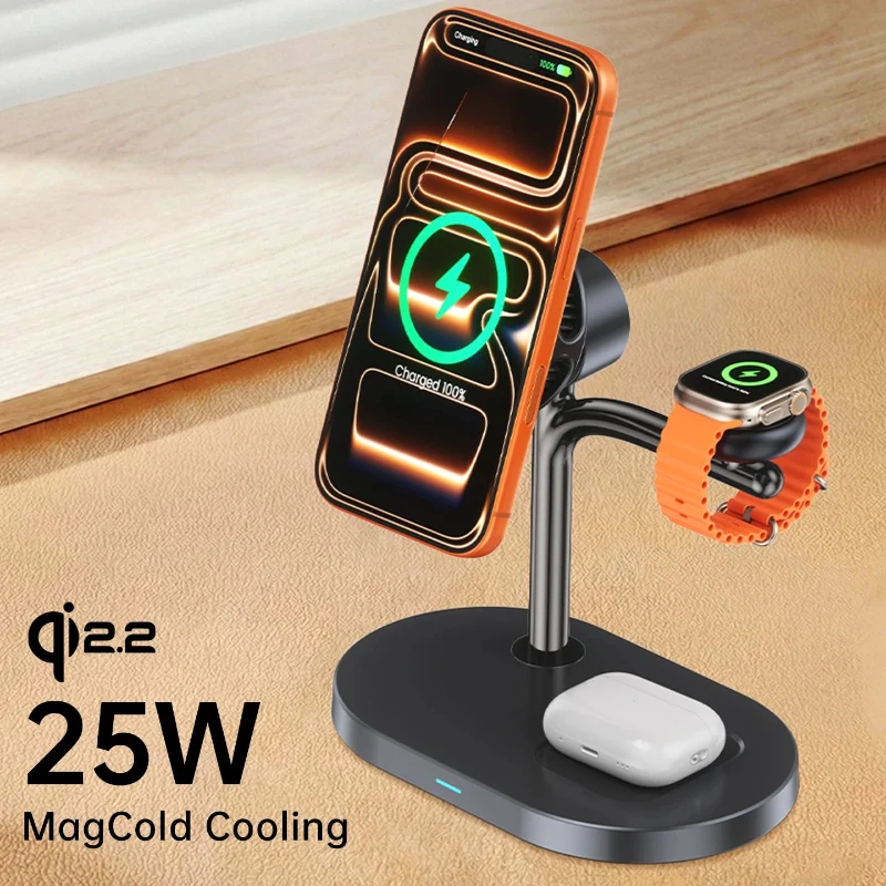Selected 25W MagCold Wireless Charging Stand – Qi2.2 Magnetic Cooling Dock for iPhone 17 Galaxy S26 Smartwatches Modern