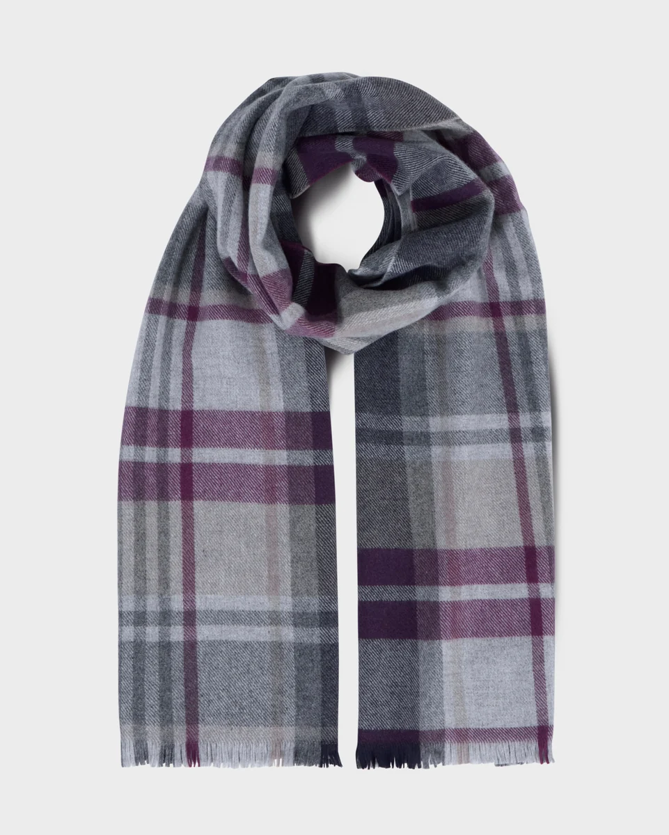 High-Quality Foxford Aubergine and Grey Tartan Fine Wool Cashmere Blend Scarf Solid
