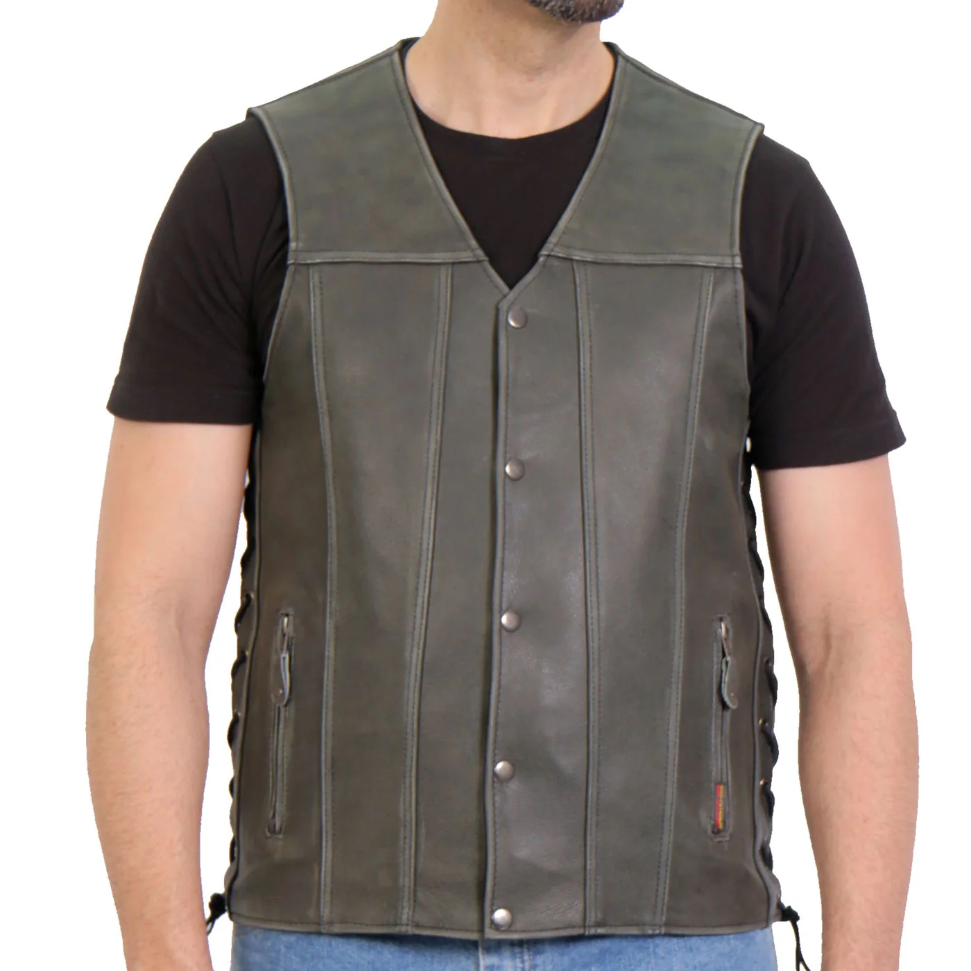 Carefully Designed Hot Leathers M1041 Men's Rub-Off Grey 'Side Lace' Club Leather Vest Secure