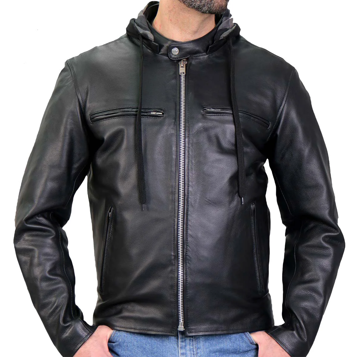 Clean Hot Leathers Men's Black Mile Leather Motorcycle Jacket - JKM1030 BLACK MILE High-End