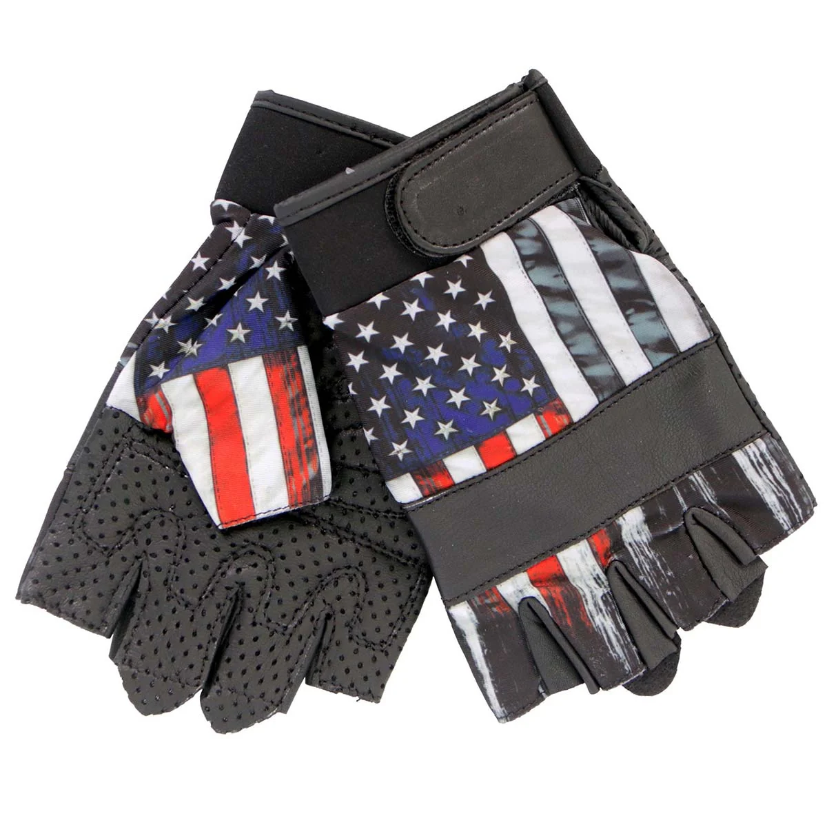 Consistent Hot Leathers GVM3008 Uni-Sex Black 'Heartbeat USA Flag' Fingerless Leather Gloves Specialty