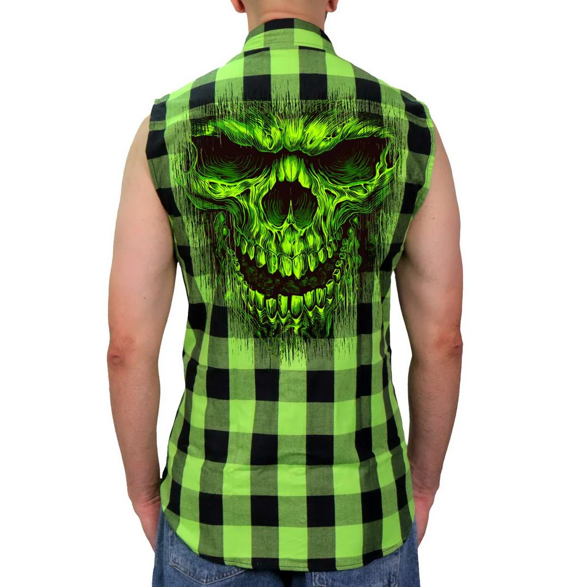 Premium Hot Leathers GMS3492 Men s Black and Green Shredder Skull Sleeveless Flannel Shirt Outstanding