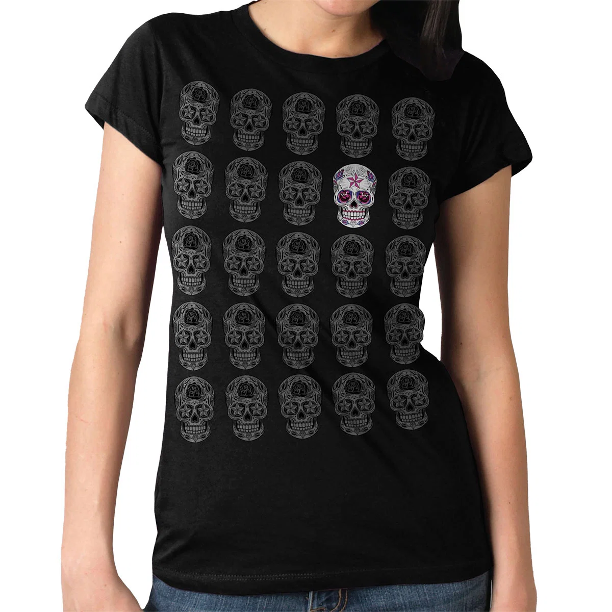 Fashionable Hot Leathers GLR1519 Sugar Skull Pattern Ladies Full Cut Black T-Shirt Green