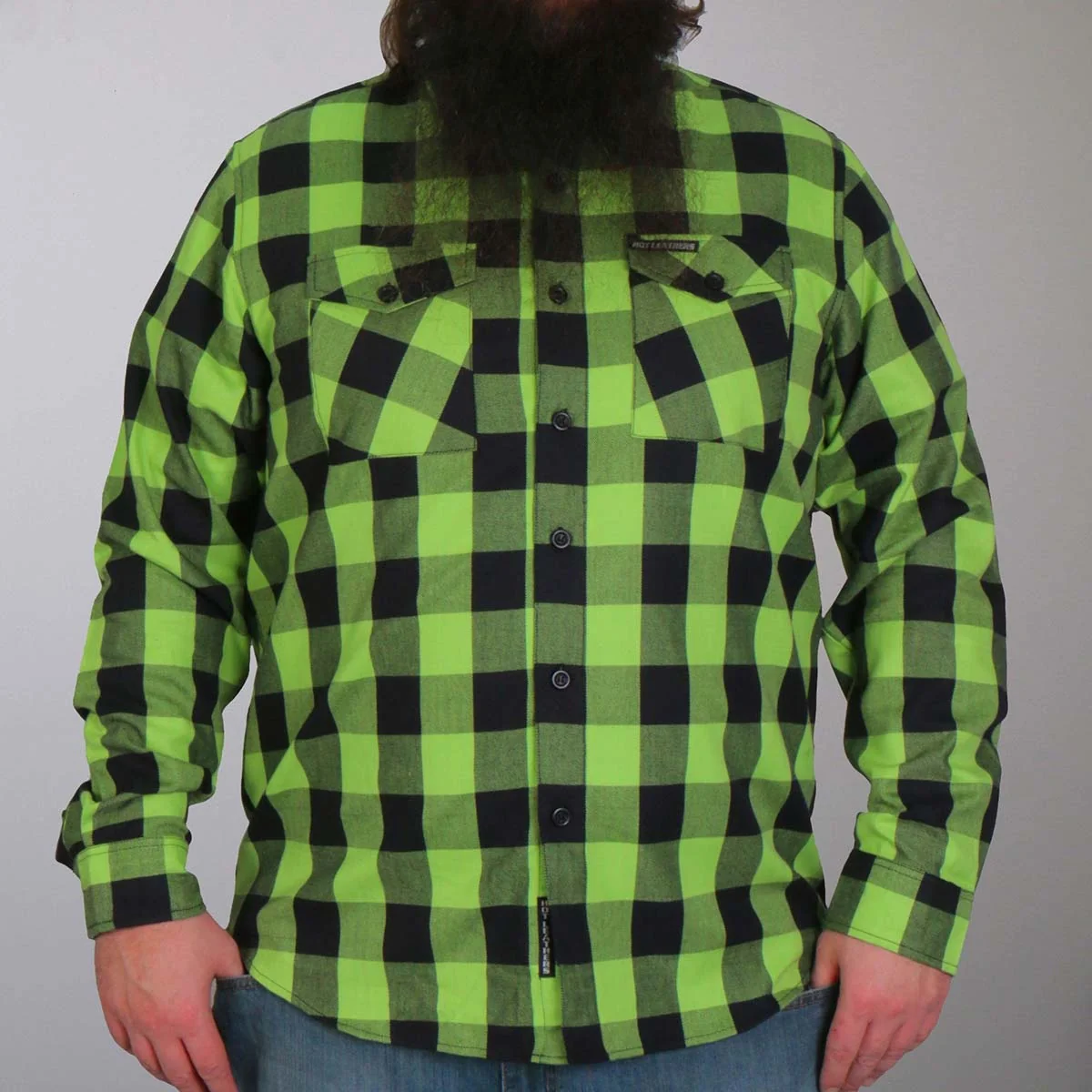 Advanced Hot Leathers FLM2005 Men's Black and Green Long Sleeve Flannel Shirt Certified