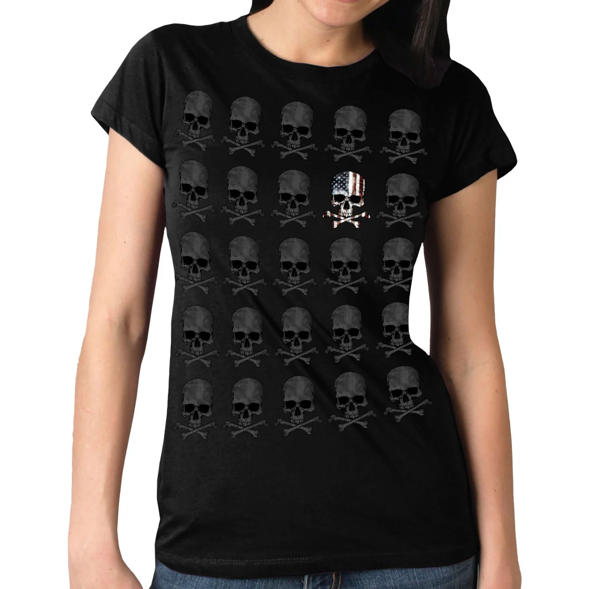 Exceptional Hot Leathers GLR1513 Skull Pattern Full Cut Ladies Black T-Shirt Smooth