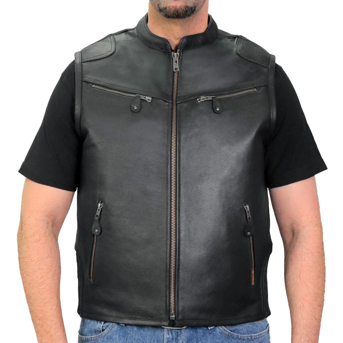 Premium Hot Leathers M1037 Men's Black 'Zipper Pockets' Concealed and Carry Leather Vest Reusable